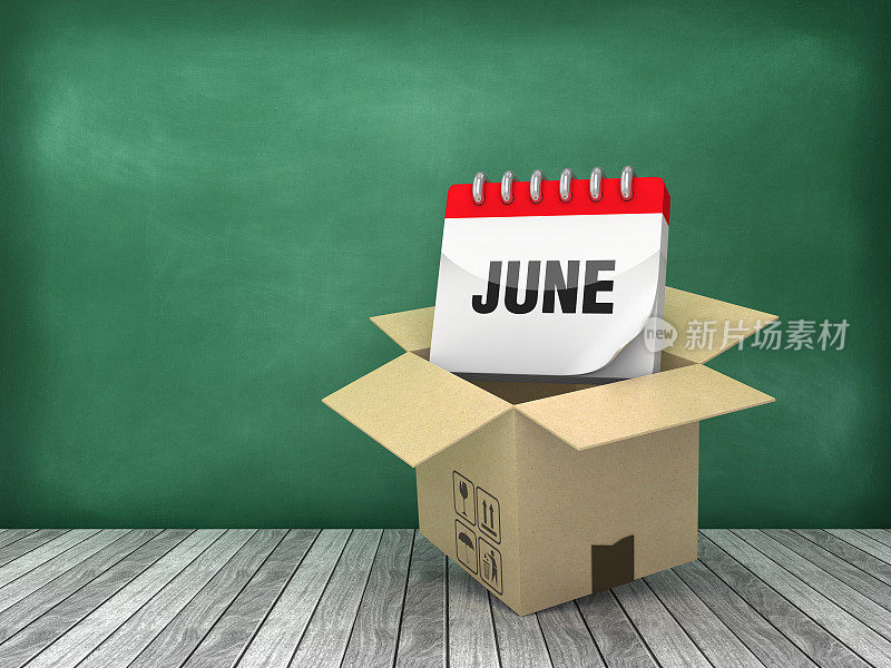 纸板盒与六月日历在木地板上-黑板背景- 3D渲染